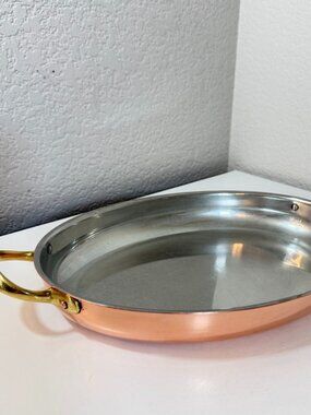 Vintage Tagus Portugal Copper Oval Roasting Pan 12” x 9” Brass Handles *READ*